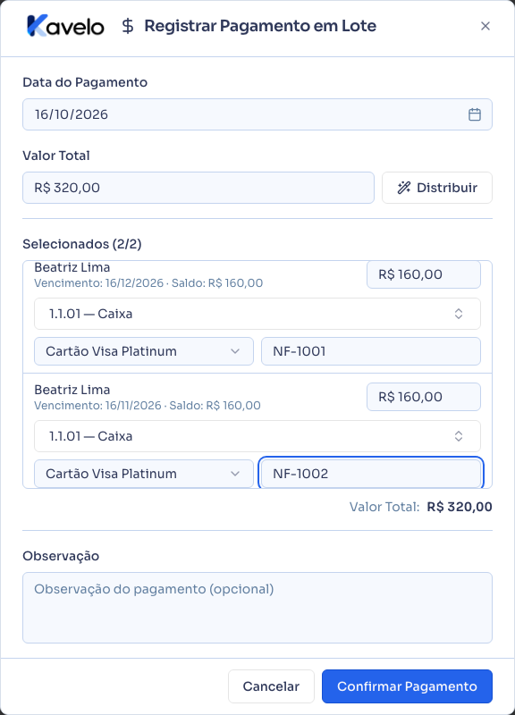 Janela de pagamento em lote, com o valor distribuído entre as despesas