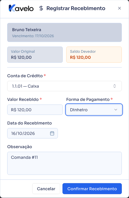 Janela de registrar recebimento, com os campos preenchidos