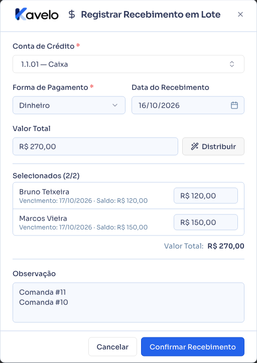 Janela de recebimento em lote, com o valor distribuído entre as parcelas