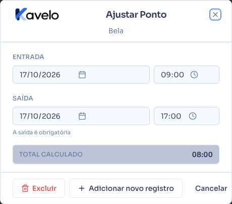 Janela de edição de um registro de ponto
