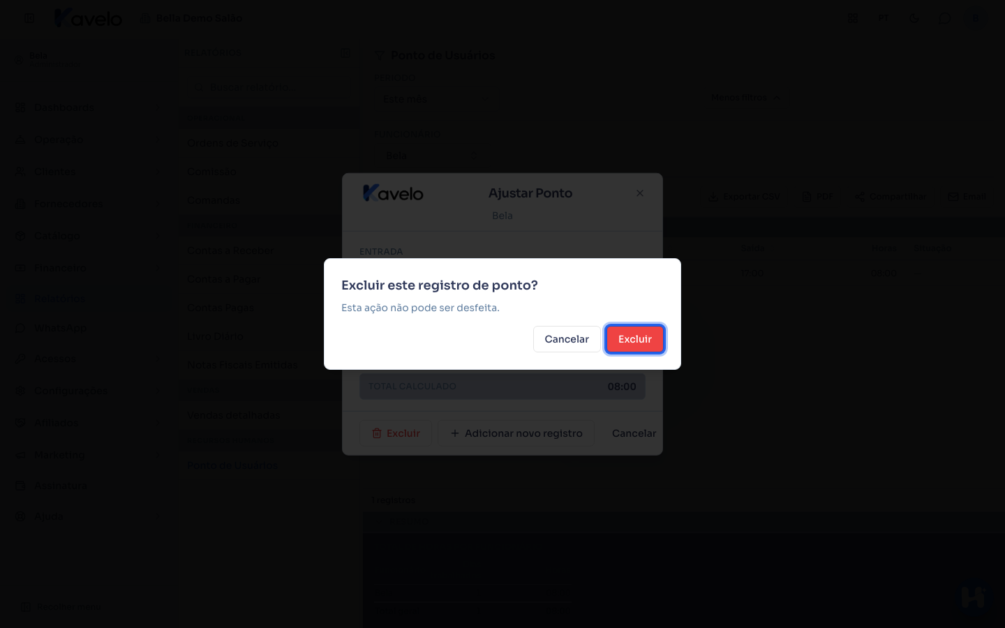 Confirmação de exclusão de um registro de ponto