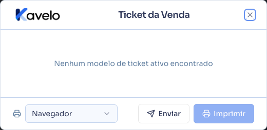 Janela “Ticket da Venda” aberta, com as opções de imprimir e enviar