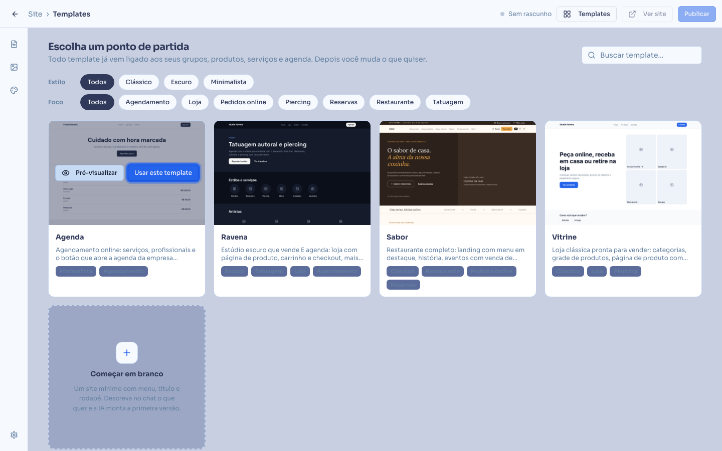 Tela Escolha um ponto de partida, com os templates disponíveis