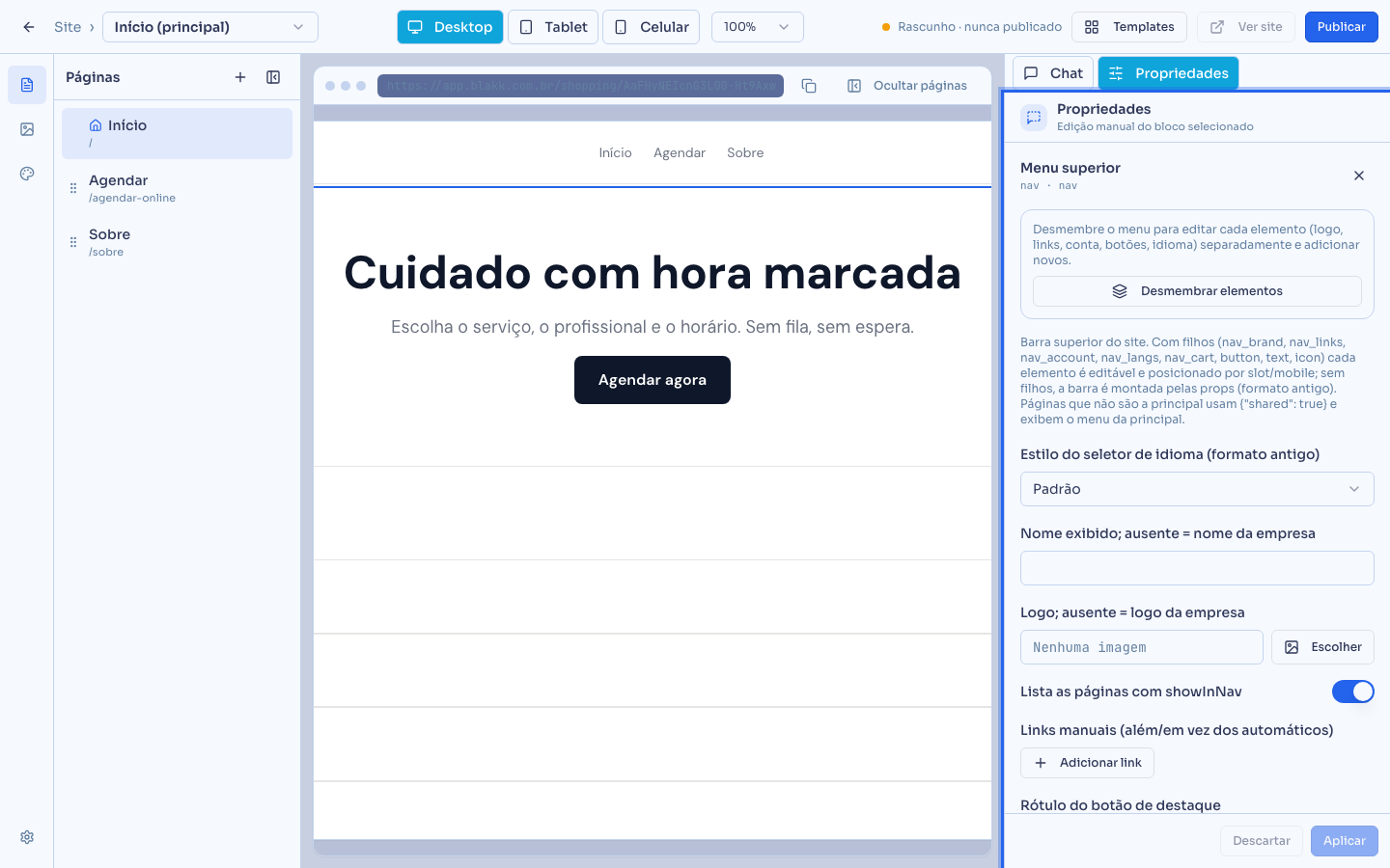 Menu do topo selecionado, com a aba Propriedades aberta