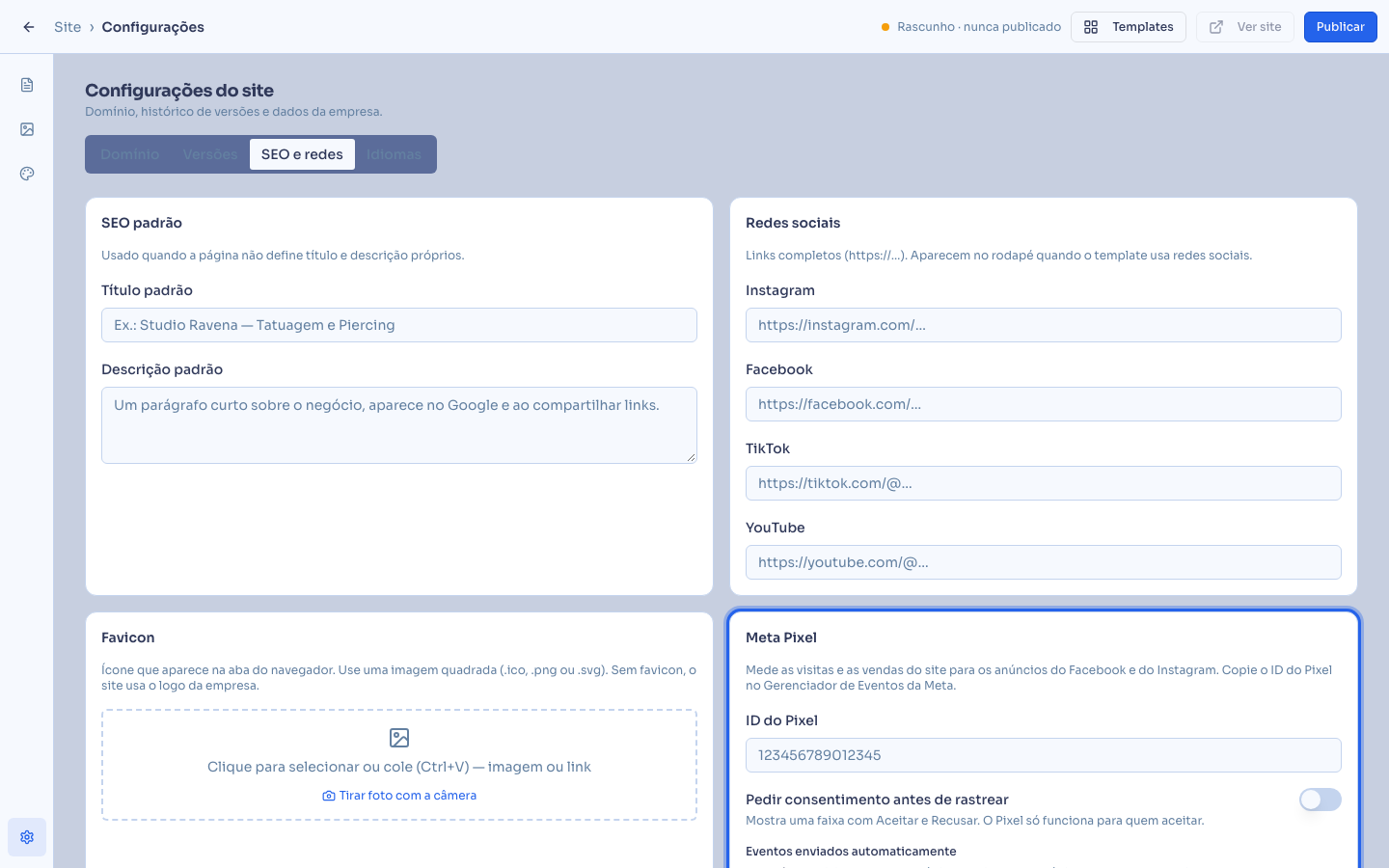 Configurações do site, aba SEO e redes