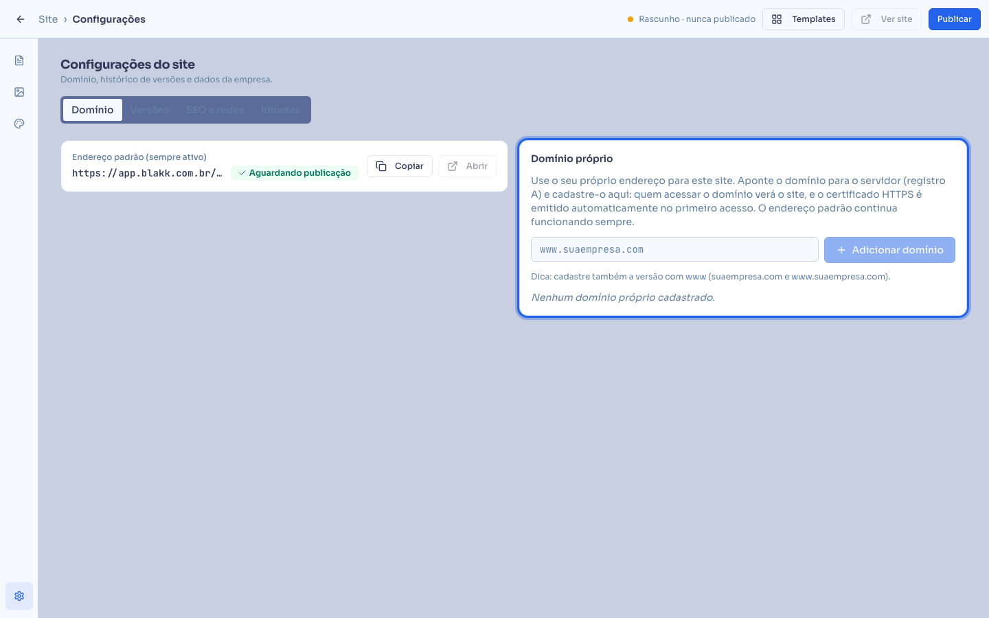 Configurações do site, aba Domínio