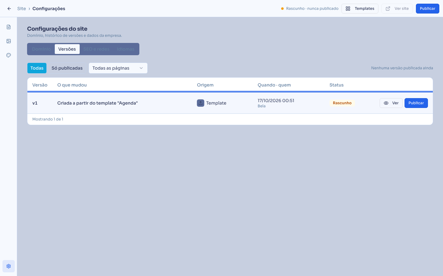 Configurações do site, aba Versões