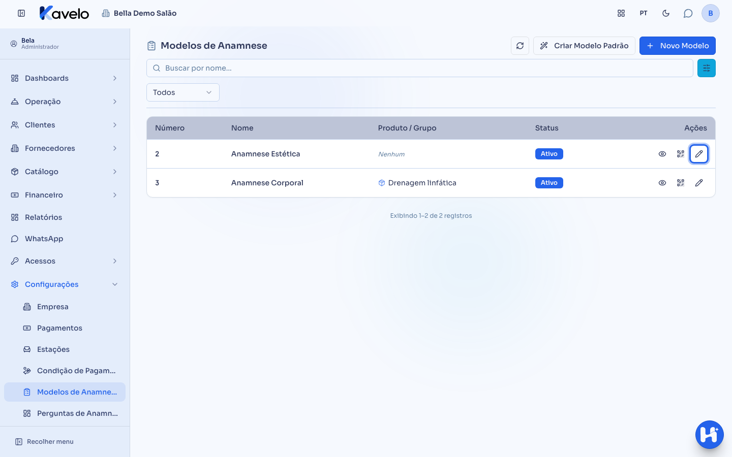 Lista de modelos de anamnese, com o botão Editar da Anamnese Estética em destaque