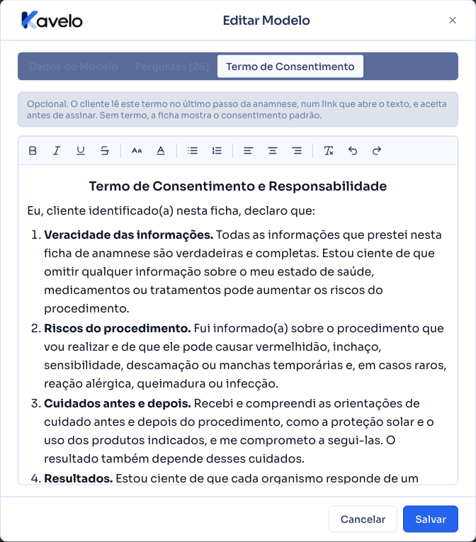 Aba Termo de Consentimento da Anamnese Estética, com o termo de exemplo no editor