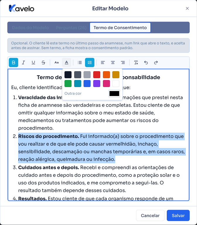 Uma cláusula do termo selecionada e a paleta de cores aberta