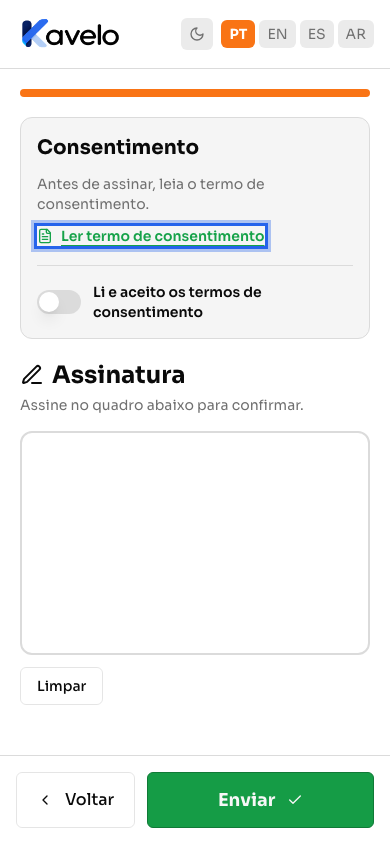Último passo da ficha no celular, com o link para ler o termo de consentimento
