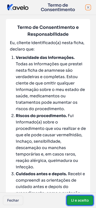 Janela do termo de consentimento no celular, com os botões Fechar e Li e aceito