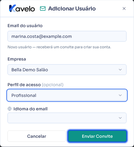 Convite preenchido, com empresa e perfil escolhidos
