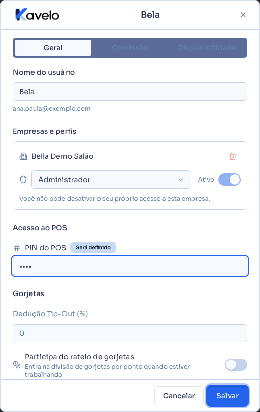 Edição de um usuário, com o perfil e o PIN preenchidos